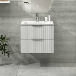 Royal Bathrooms Evora 600mm Matt White Fluted Wall Hung Bathroom Vanity Unit 2 Drawer Cabinet Storage With Stone Basin Sink - 1 Tap Hole