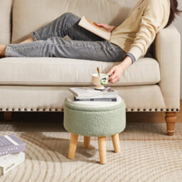 Oira 13 Inch Small Footstool Ottoman With Storage, Round Pouffe Foot Rest With Padded Seat And Wood Legs, Teddy Velvet Mini Footstool - thumbnail 7