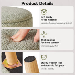 Oira 13 Inch Small Footstool Ottoman With Storage, Round Pouffe Foot Rest With Padded Seat And Wood Legs, Teddy Velvet Mini Footstool - thumbnail 4