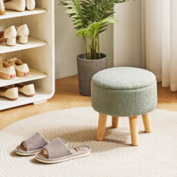 Oira 13 Inch Small Footstool Ottoman With Storage, Round Pouffe Foot Rest With Padded Seat And Wood Legs, Teddy Velvet Mini Footstool - thumbnail 6