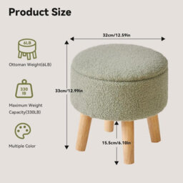 Oira 13 Inch Small Footstool Ottoman With Storage, Round Pouffe Foot Rest With Padded Seat And Wood Legs, Teddy Velvet Mini Footstool - thumbnail 3