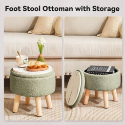 Oira 13 Inch Small Footstool Ottoman With Storage, Round Pouffe Foot Rest With Padded Seat And Wood Legs, Teddy Velvet Mini Footstool - thumbnail 5