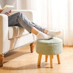 Oira 13 Inch Small Footstool Ottoman With Storage, Round Pouffe Foot Rest With Padded Seat And Wood Legs, Teddy Velvet Mini Footstool - thumbnail 2
