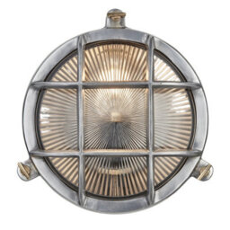 Industville Bulkhead Outdoor & Bathroom Round Wall Light - 8 Inch, Gunmetal, Ribbed Glass