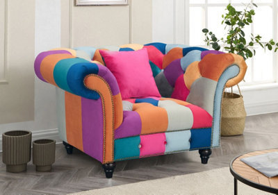 Multicoloured Velvet Patchwork 1 Seater Scroll Arm Chesterfield Sofa - image 1