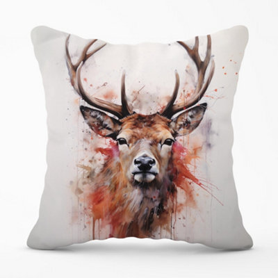 Warren Reed Designer Watercolour Splashart Stag Face Cushions 60Cm X 60Cm - image 1