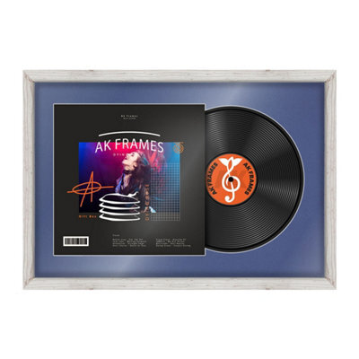 "AK Frames 25X17"" White Rustic Modern Vinyl Record Frame With Blue Mount For 12 Inch Lp Cover & Disc - Overlapped Design" - image 1