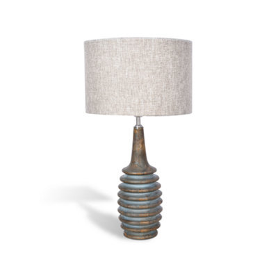 Solid Wood Table Lamp With Fabric Shade Blue Wash Finish Ribbed Column Base For Living Room Or Bedroom - image 1