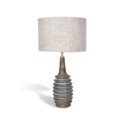 Solid Wood Table Lamp With Fabric Shade Blue Wash Finish Ribbed Column Base For Living Room Or Bedroom