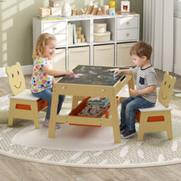 Gainoom Versatile Natural Kids Table & 2 Chairs Set Wooden Activity Table With Detachable Double-Sized Tabletop - thumbnail 4