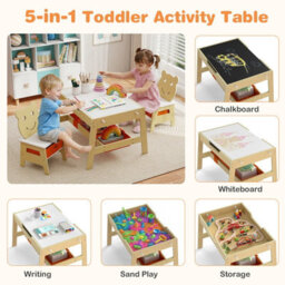 Gainoom Versatile Natural Kids Table & 2 Chairs Set Wooden Activity Table With Detachable Double-Sized Tabletop - thumbnail 6