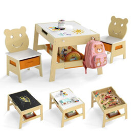 Gainoom Versatile Natural Kids Table & 2 Chairs Set Wooden Activity Table With Detachable Double-Sized Tabletop