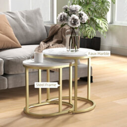 Homcom 2 Pcs Coffee Table With Faux Marble Side Accent Tables White - thumbnail 5