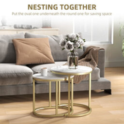 Homcom 2 Pcs Coffee Table With Faux Marble Side Accent Tables White - thumbnail 4