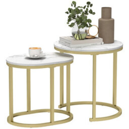 Homcom 2 Pcs Coffee Table With Faux Marble Side Accent Tables White - thumbnail 2