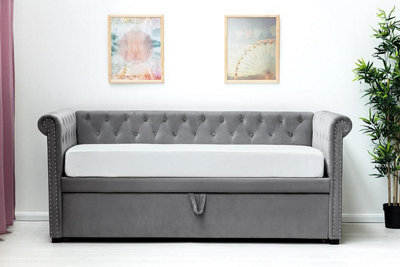 Clarendon Grey Velvet Chesterfield Style Day Bed With Trundle Single Size 3Ft - image 1