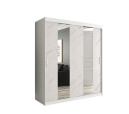 Arte Elegant White Geneva Sliding Door Wardrobe W1800mm H2000mm D620mm - Mirrored Doors, Gold Handles, Large Capacity