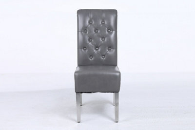 Modernique A Pair Grey Leather Aire Sara High Tuffted Metal Knocker Back Dining Chairs With Solid Chrome Legs - image 1