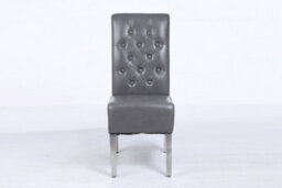 Modernique A Pair Grey Leather Aire Sara High Tuffted Metal Knocker Back Dining Chairs With Solid Chrome Legs