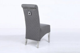 Modernique A Pair Grey Leather Aire Sara High Tuffted Metal Knocker Back Dining Chairs With Solid Chrome Legs - thumbnail 4