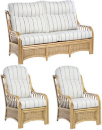 Desser Vale Light Oak 3 Seater Sofa & 2 Armchairs Indoor Real Cane Rattan Conservatory Suite With Uk Sewn Cushions In Linen Taupe