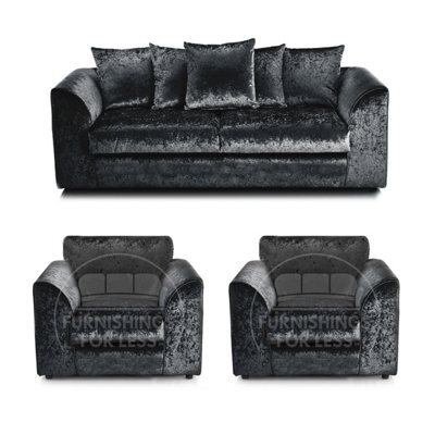 Furnishings For Less UK Crystal Crushed Velvet 3 Piece Sofa Set - 3 1 1 Black - Scatter Back - image 1