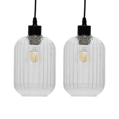 First Choice Lighting Set Of 2 Batley Clear Ribbed Glass Easy Fit Pendant Shades - image 1