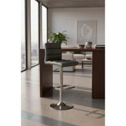 Swank Grey Brushed Steel Kitchen Swivel Bar Stool With Faux Leather Padded Seat
