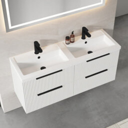Balterley Fluted Front Wall Hung 4-Drawer Bathroom Vanity Unit With Double Basin, 1200mm, Satin White, Black Handles - thumbnail 3