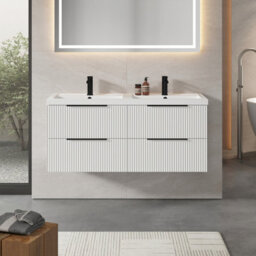 Balterley Fluted Front Wall Hung 4-Drawer Bathroom Vanity Unit With Double Basin, 1200mm, Satin White, Black Handles - thumbnail 2