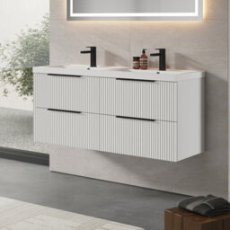 Balterley Fluted Front Wall Hung 4-Drawer Bathroom Vanity Unit With Double Basin, 1200mm, Satin White, Black Handles - thumbnail 4