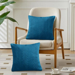 Ameha Teal Embossed Velvet Cushions Set, 18X18 Inch, Includes 2 Filled Cushions & 2 Covers, Breathable & Anti Allergic