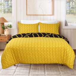 Ameha Print Duvet Cover With Matching Pillowcase 3 Piece Set Black & Ochre Wave Pattern Design Super King 260X220Cm - thumbnail 2