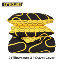 Ameha Print Duvet Cover With Matching Pillowcase 3 Piece Set Black & Ochre Wave Pattern Design Super King 260X220Cm - thumbnail 8