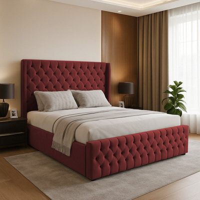 Adore Designs Chesterfield Winged Plush Velvet Sleigh Bed, With Footboard - 5Ft Kingsize - Burgundy - image 1