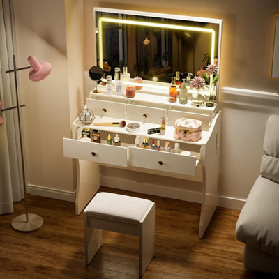Luckracer Dressing Table With Led Lighting Mirror And Stool, Makeup Vanity Desk With Power Outlet 5 Drawers, White - image 1