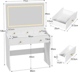 Luckracer Dressing Table With Led Lighting Mirror And Stool, Makeup Vanity Desk With Power Outlet 5 Drawers, White - thumbnail 2
