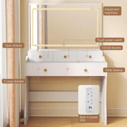 Luckracer Dressing Table With Led Lighting Mirror And Stool, Makeup Vanity Desk With Power Outlet 5 Drawers, White - thumbnail 6