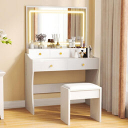Luckracer Dressing Table With Led Lighting Mirror And Stool, Makeup Vanity Desk With Power Outlet 5 Drawers, White - thumbnail 7