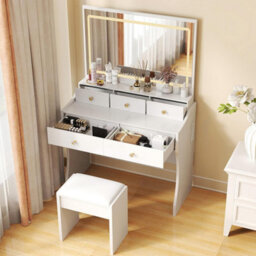 Luckracer Dressing Table With Led Lighting Mirror And Stool, Makeup Vanity Desk With Power Outlet 5 Drawers, White - thumbnail 8