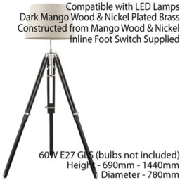Adjustable Tripod Floor Lamp Dark Wood Standing Height Living Room Light Base - thumbnail 2