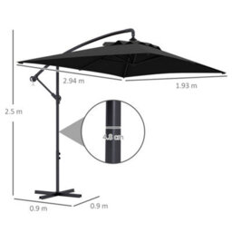 Outsunny 3 M Cantilever Parasol With Cross Base, Crank Handle, 6 Ribs, Black - thumbnail 3