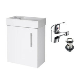 FNX Bathrooms Gloss White 400 Wall Hung Basin Sink Vanity Unit & Dom Basin Tap - thumbnail 1