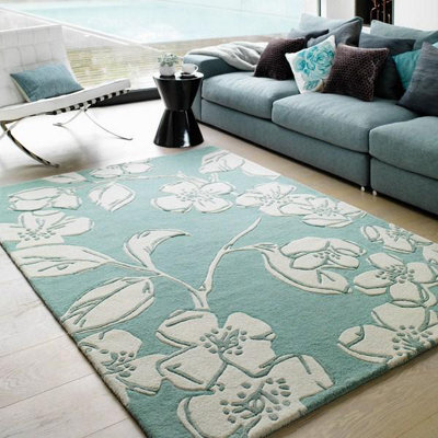 Blue Floral Wool Handmade Modern Easy To Clean Bedroom Dining Room And Living Room Rug -200Cm X 300Cm - image 1