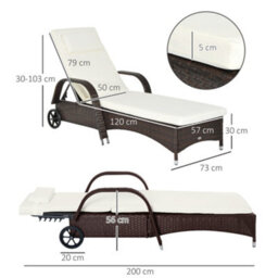 Outsunny Adjustable Wicker Rattan Sun Lounger Recliner Chair W/ Cushion Brown - thumbnail 3
