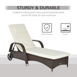 Outsunny Adjustable Wicker Rattan Sun Lounger Recliner Chair W/ Cushion Brown - thumbnail 4