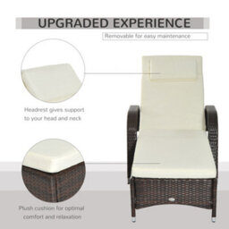 Outsunny Adjustable Wicker Rattan Sun Lounger Recliner Chair W/ Cushion Brown - thumbnail 5