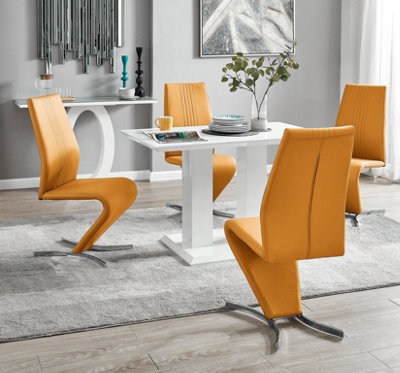 Furniturebox Uk 4 Seater Dining Set - Imperia White High Gloss Dining Table And Chairs - 4 Mustard Yellow Willow Chairs - image 1