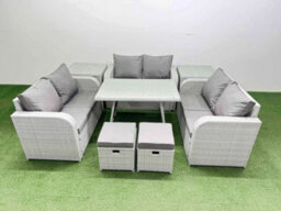 Fimous Rattan Garden Furniture Dining Set 8-Seater Patio Rectangular Table Love Sofa Set With 2 Side Tables 2 Small Stools - thumbnail 1