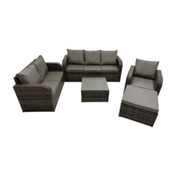 Fimous 3 Seater Sofa Reclining Chair Coffee Table Set Rattan Garden Outdoor Furniture Set With Big Stool Dark Grey Mixed - thumbnail 1